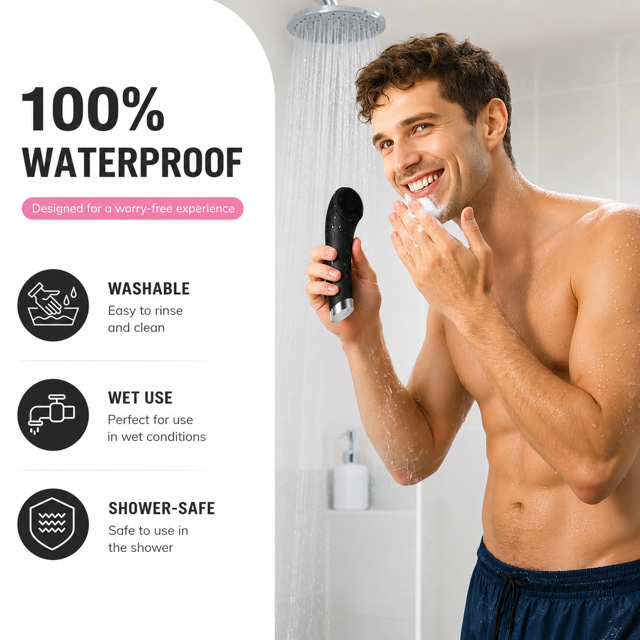 Facial Cleansing Brush, Rechargeable Silicone Face Scrubber with Heat Massage End, Vibrating Exfoliator Scrubber for Deep Cleaning, Waterproof Face Brush for Women and Men (Black)