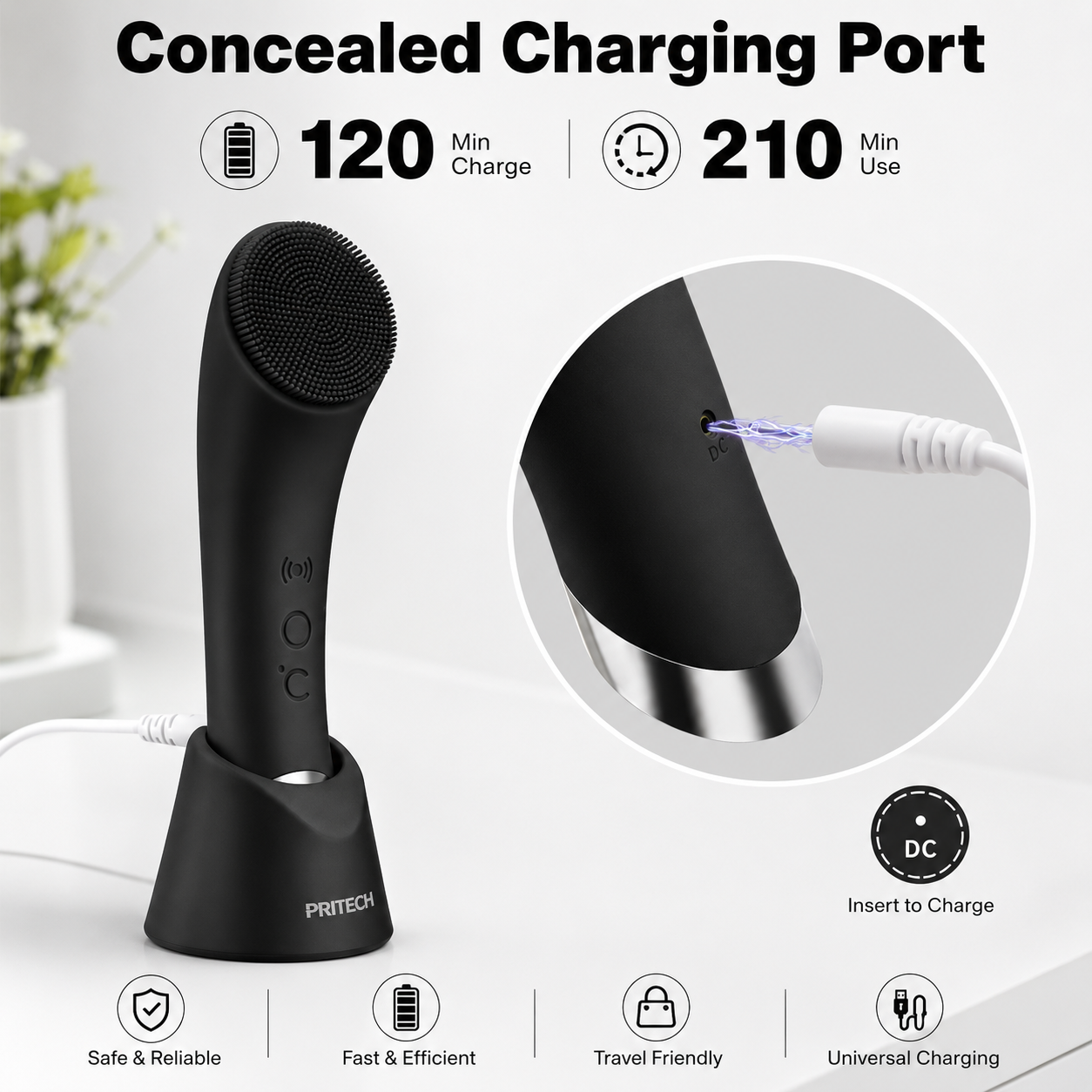 Facial Cleansing Brush, Rechargeable Silicone Face Scrubber with Heat Massage End, Vibrating Exfoliator Scrubber for Deep Cleaning, Waterproof Face Brush for Women and Men (Black)