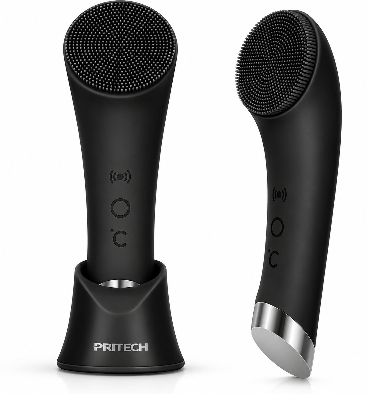 Facial Cleansing Brush, Rechargeable Silicone Face Scrubber with Heat Massage End, Vibrating Exfoliator Scrubber for Deep Cleaning, Waterproof Face Brush for Women and Men (Black)