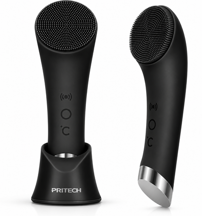 Facial Cleansing Brush, Rechargeable Silicone Face Scrubber with Heat Massage End, Vibrating Exfoliator Scrubber for Deep Cleaning, Waterproof Face Brush for Women and Men (Black)