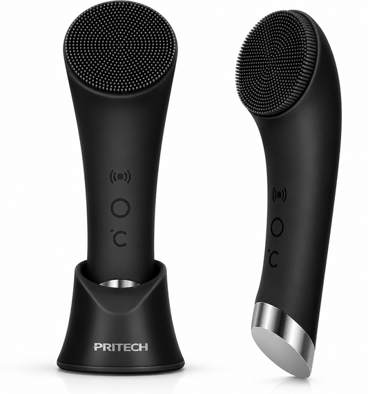 Facial Cleansing Brush, Rechargeable Silicone Face Scrubber with Heat Massage End, Vibrating Exfoliator Scrubber for Deep Cleaning, Waterproof Face Brush for Women and Men (Black)