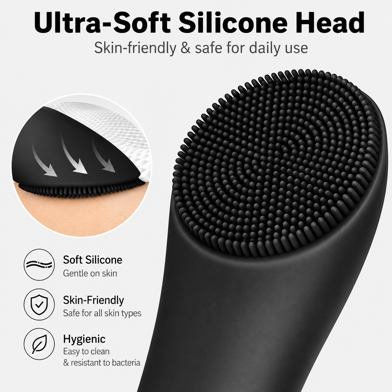 Facial Cleansing Brush, Rechargeable Silicone Face Scrubber with Heat Massage End, Vibrating Exfoliator Scrubber for Deep Cleaning, Waterproof Face Brush for Women and Men (Black)