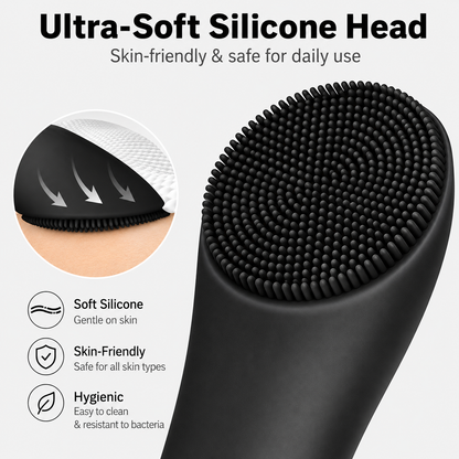 Facial Cleansing Brush, Rechargeable Silicone Face Scrubber with Heat Massage End, Vibrating Exfoliator Scrubber for Deep Cleaning, Waterproof Face Brush for Women and Men (Black)