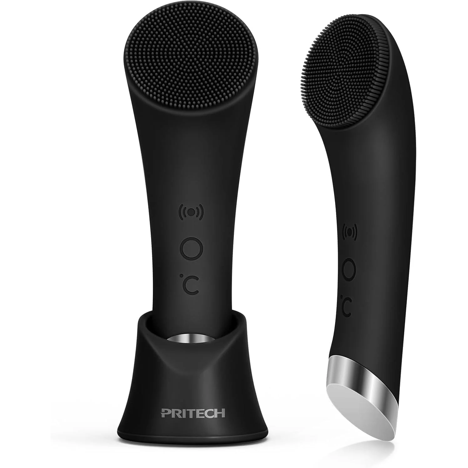 Facial Cleansing Brush, Rechargeable Silicone Face Scrubber with Heat Massage End, Vibrating Exfoliator Scrubber for Deep Cleaning, Waterproof Face Brush for Women and Men (Black)